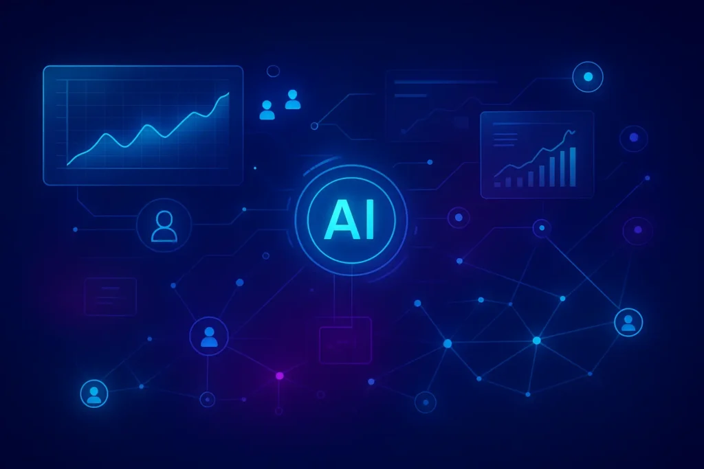 futuristic digital dashboard showcasing audience analytics, charts,AI-driven recommendations by smm expert in kochi